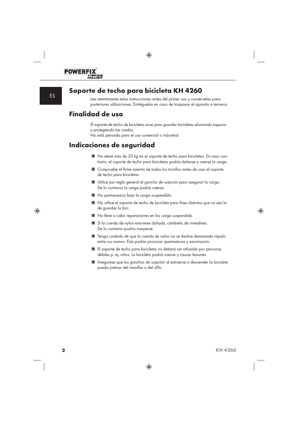 Soporte de techo para bicicleta kh 4260, Finalidad de uso, Indicaciones de seguridad | Powerfix KH 4260 User Manual | Page 3 / 41