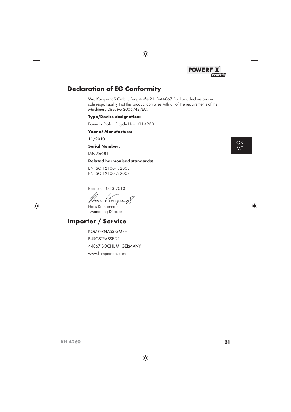 Declaration of eg conformity, Importer / service, Gb mt | Powerfix KH 4260 User Manual | Page 32 / 41