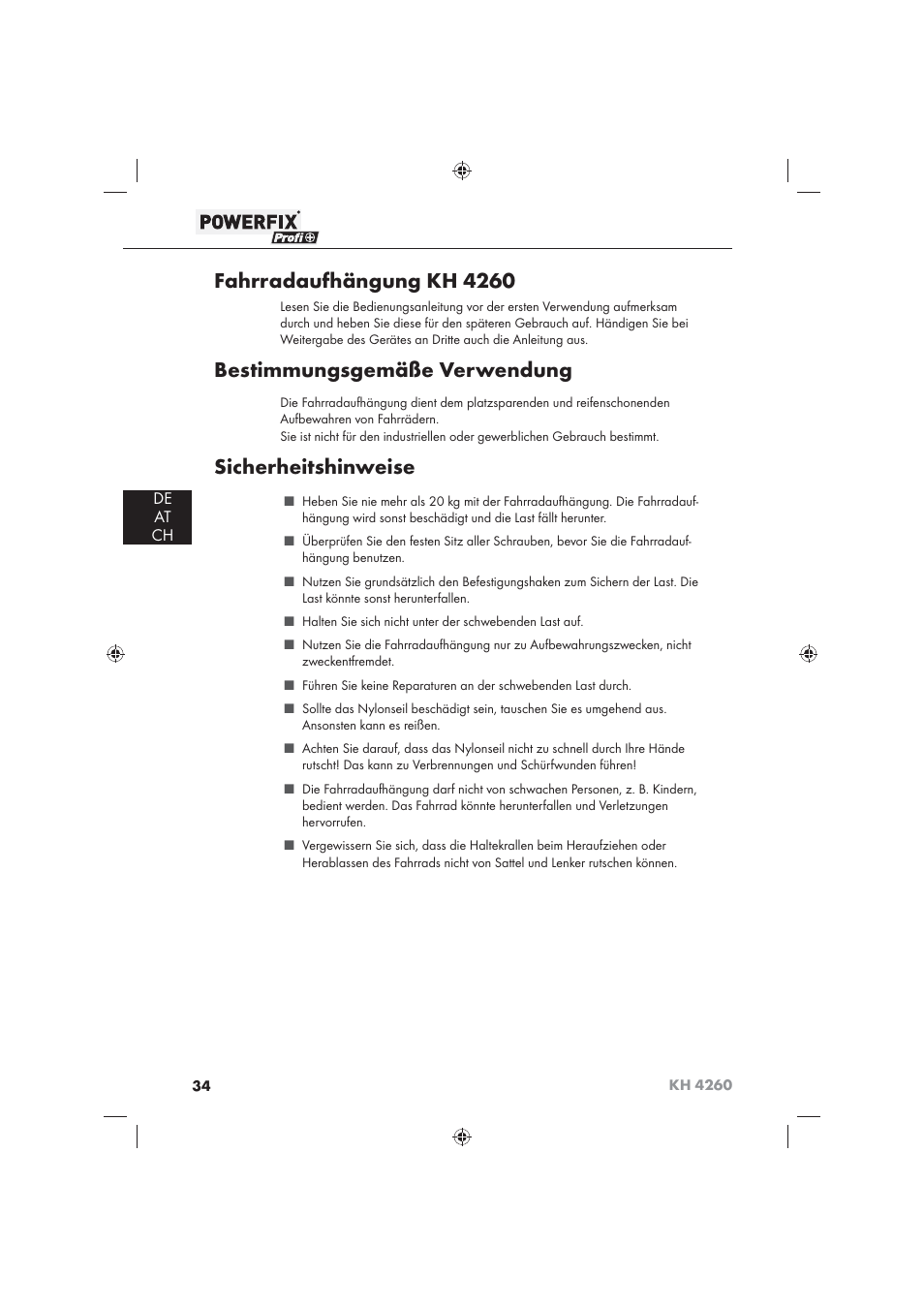 Fahrradaufhängung kh 4260, Bestimmungsgemäße verwendung, Sicherheitshinweise | De at ch | Powerfix KH 4260 User Manual | Page 35 / 41