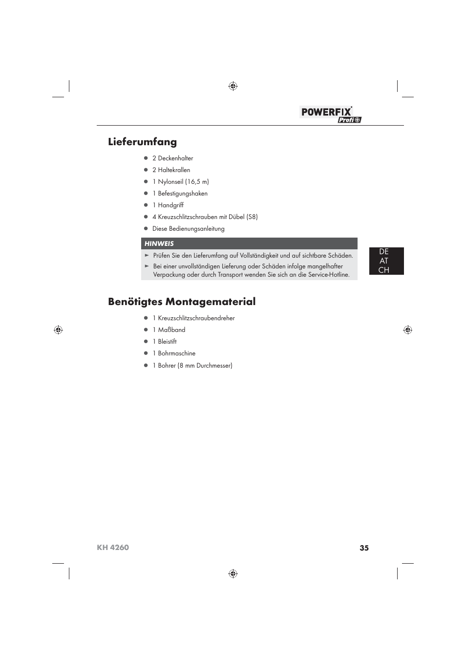 Lieferumfang, Benötigtes montagematerial, De at ch | Powerfix KH 4260 User Manual | Page 36 / 41