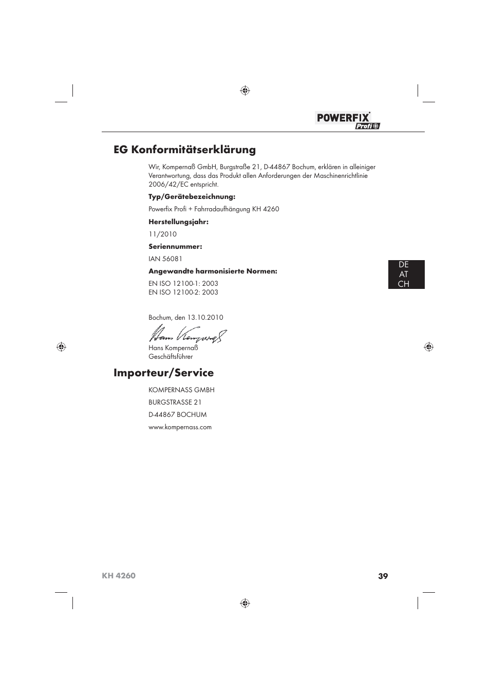 Eg konformitätserklärung, Importeur/service, De at ch | Powerfix KH 4260 User Manual | Page 40 / 41