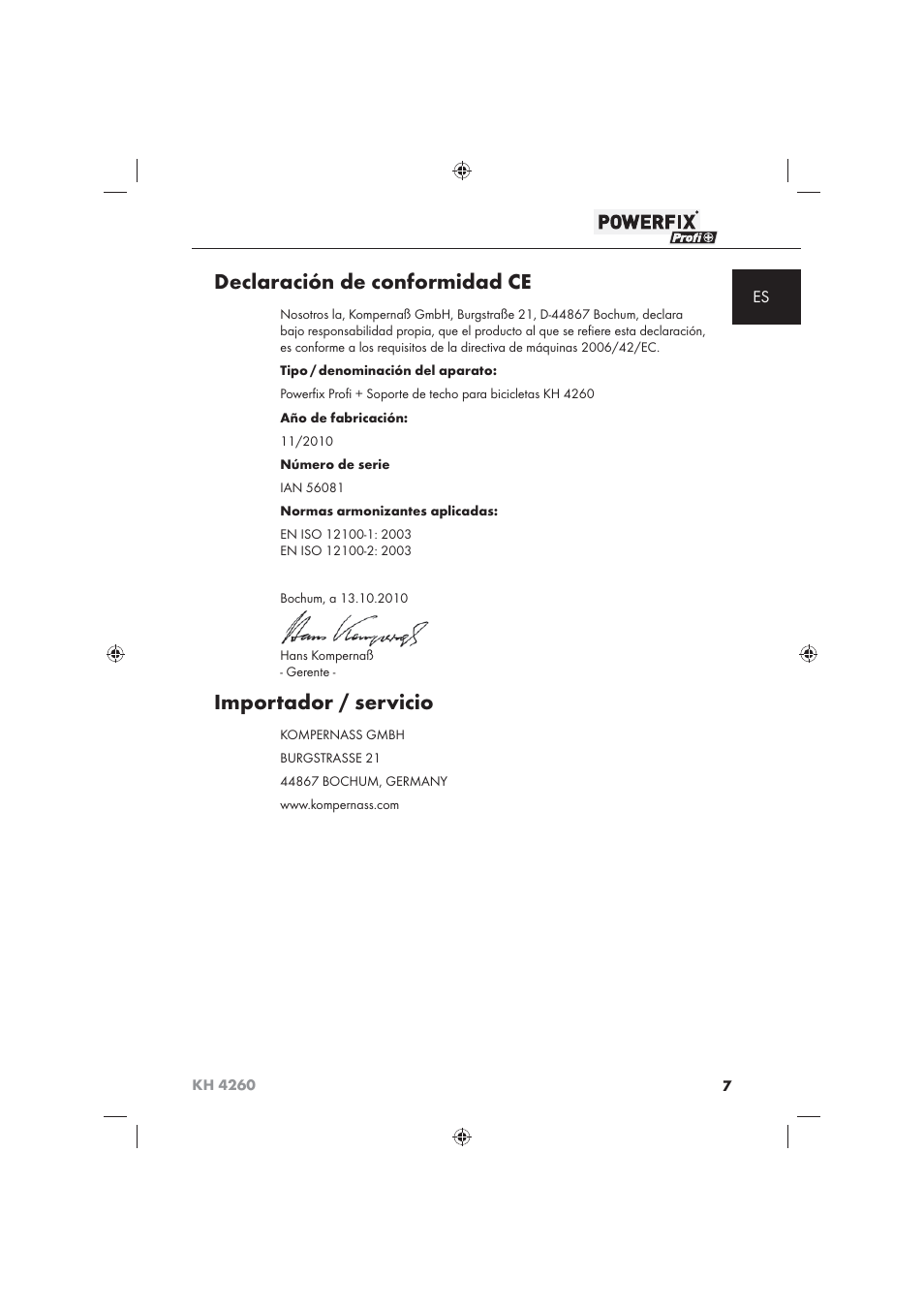 Declaración de conformidad ce, Importador / servicio | Powerfix KH 4260 User Manual | Page 8 / 41