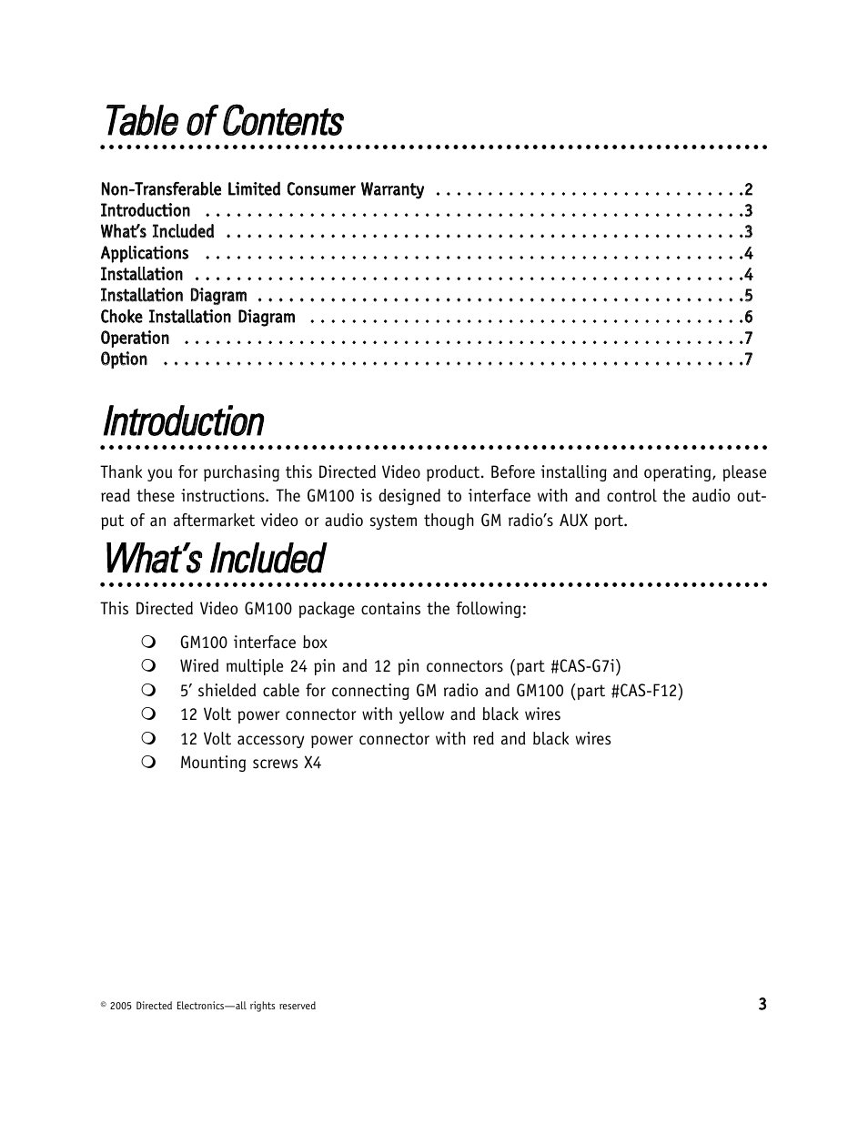 Ttaabbllee ooff c coonntteennttss, Iinnttrroodduuccttiioonn, Wwhhaatt’’ss iinncclluuddeedd | Directed Video GM100 User Manual | Page 3 / 8