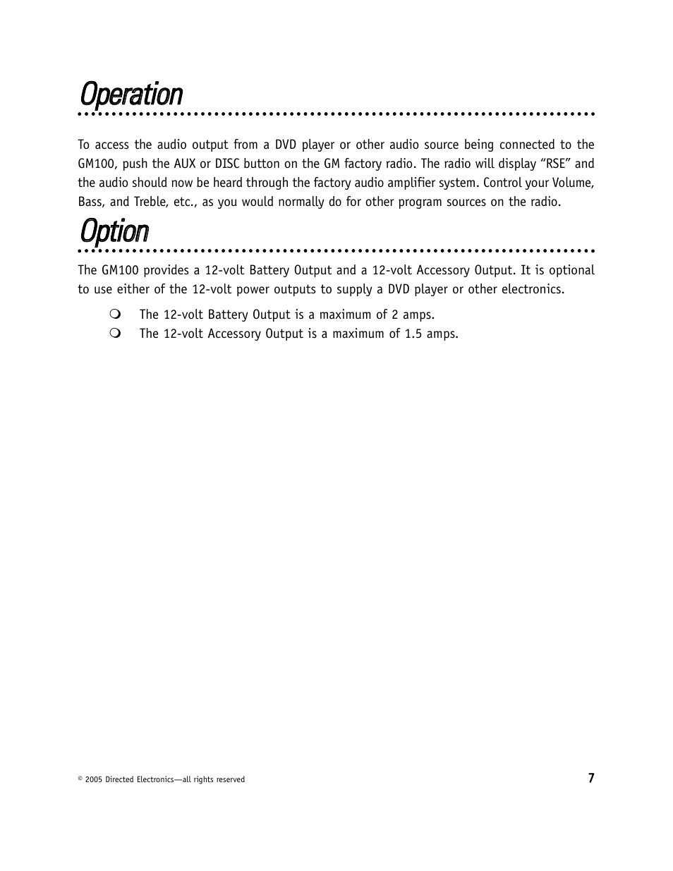 Ooppeerraattiioonn, Ooppttiioonn | Directed Video GM100 User Manual | Page 7 / 8