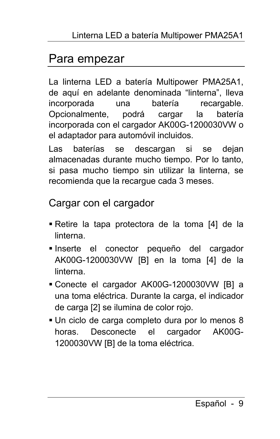 Para empezar, Cargar con el cargador | Powerfix PMA25A1 User Manual | Page 10 / 68