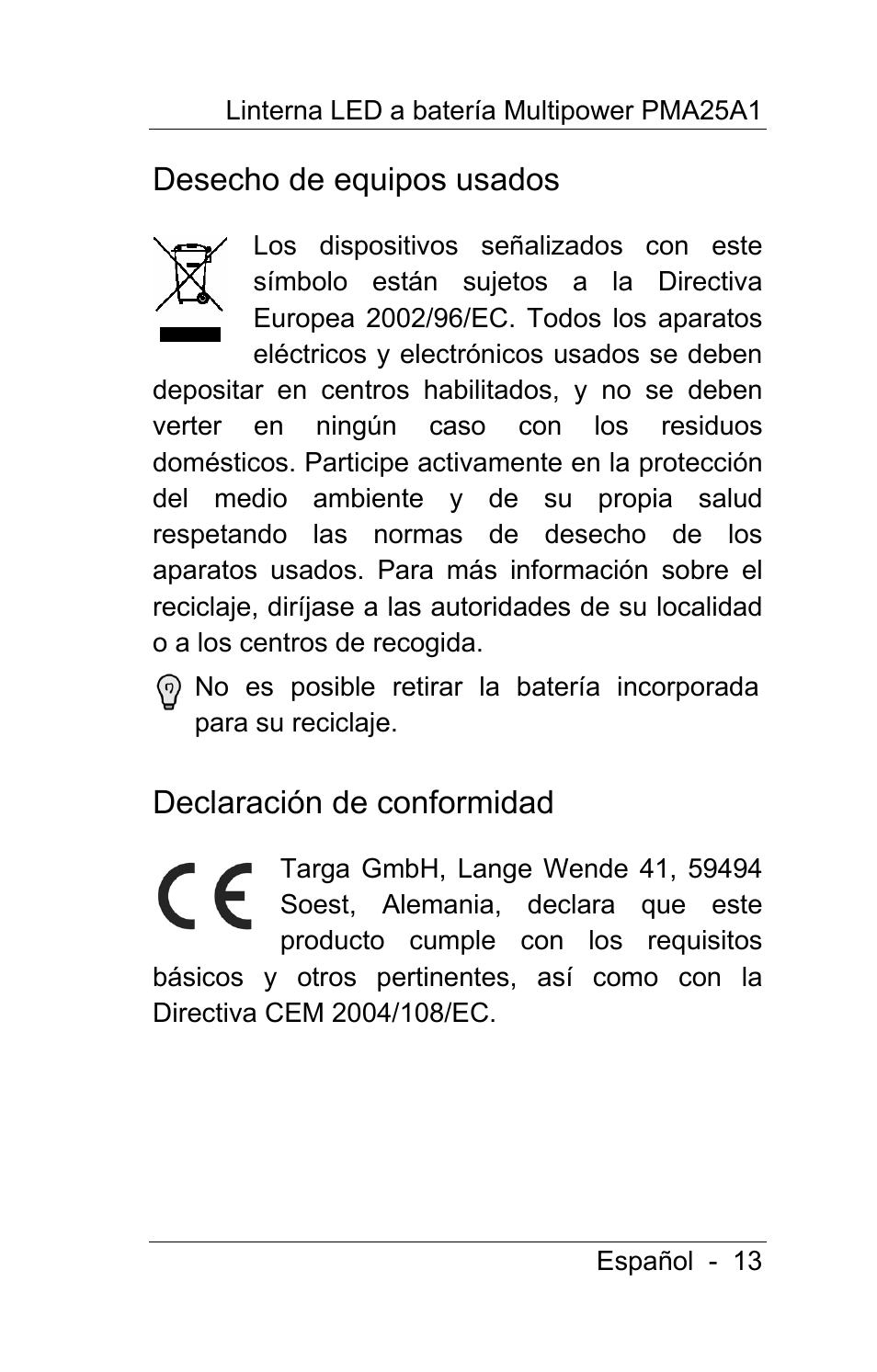 Desecho de equipos usados, Declaración de conformidad | Powerfix PMA25A1 User Manual | Page 14 / 68