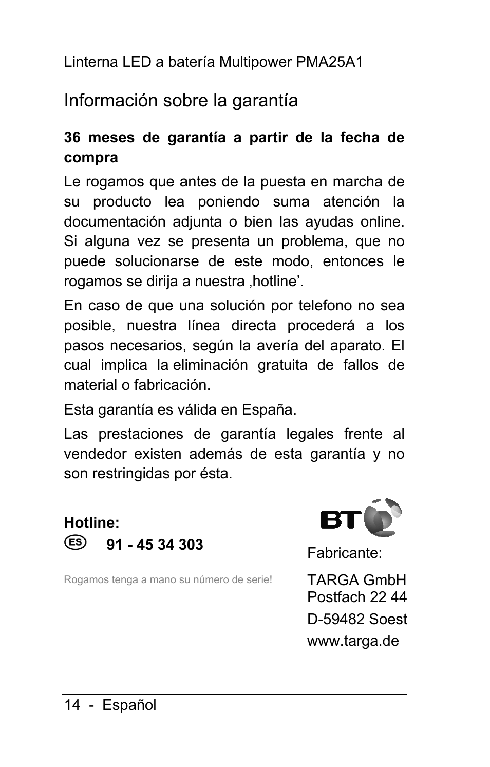 Información sobre la garantía | Powerfix PMA25A1 User Manual | Page 15 / 68