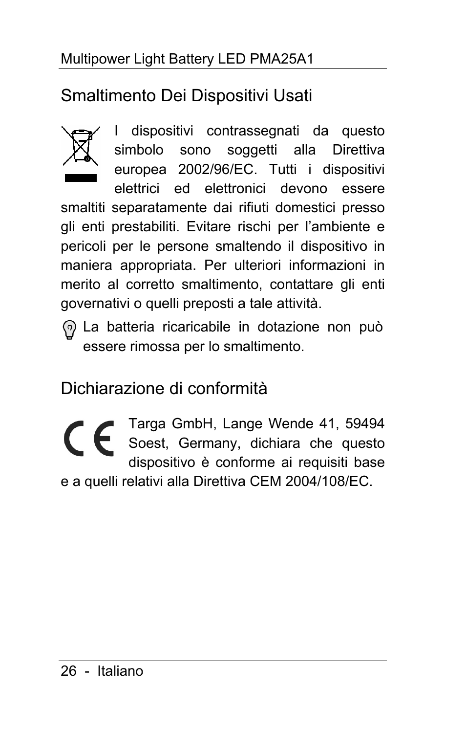 Smaltimento dei dispositivi usati, Dichiarazione di conformità | Powerfix PMA25A1 User Manual | Page 27 / 68