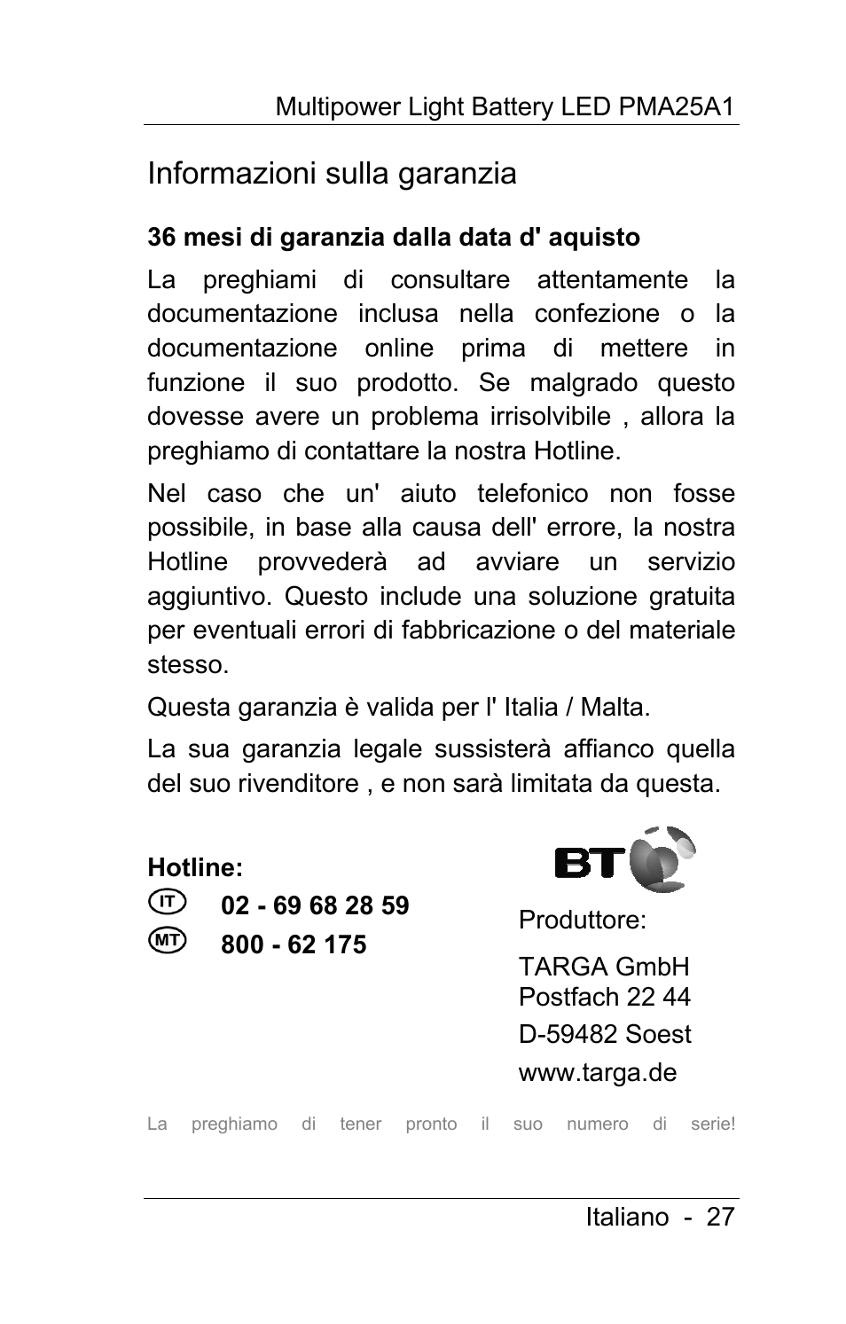 Informazioni sulla garanzia | Powerfix PMA25A1 User Manual | Page 28 / 68