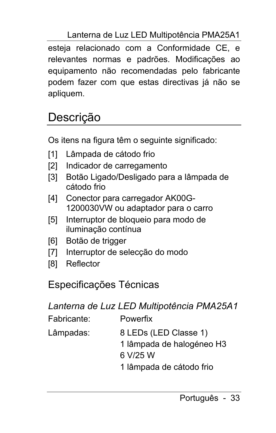 Descrição, Especificações técnicas | Powerfix PMA25A1 User Manual | Page 34 / 68