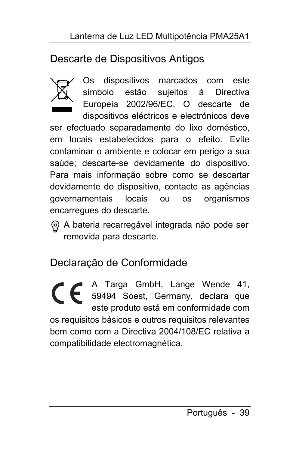 Descarte de dispositivos antigos, Declaração de conformidade | Powerfix PMA25A1 User Manual | Page 40 / 68