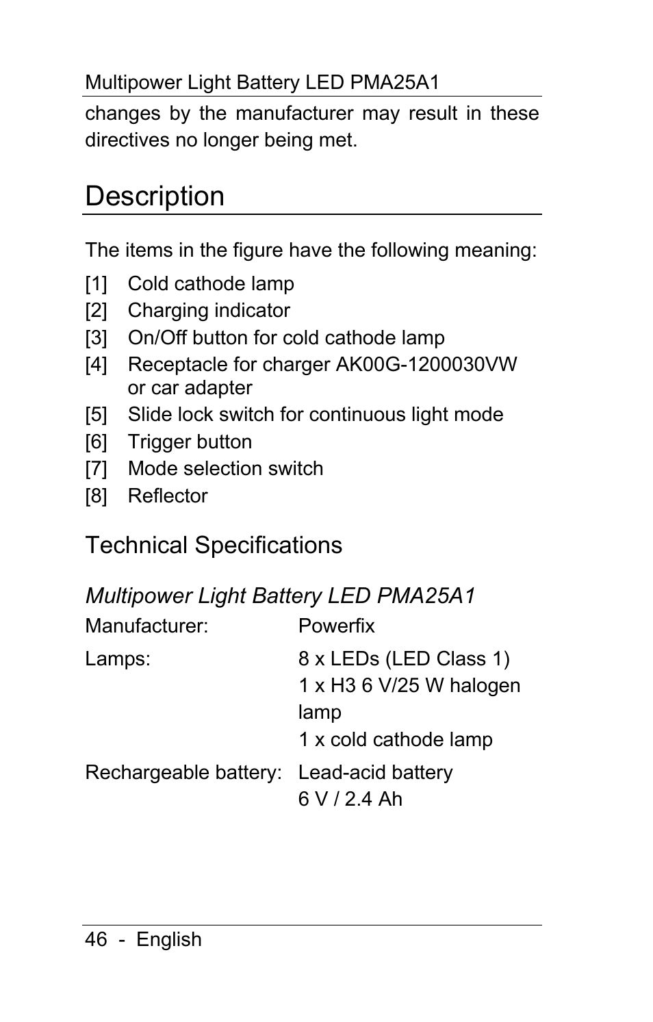 Description, Technical specifications | Powerfix PMA25A1 User Manual | Page 47 / 68