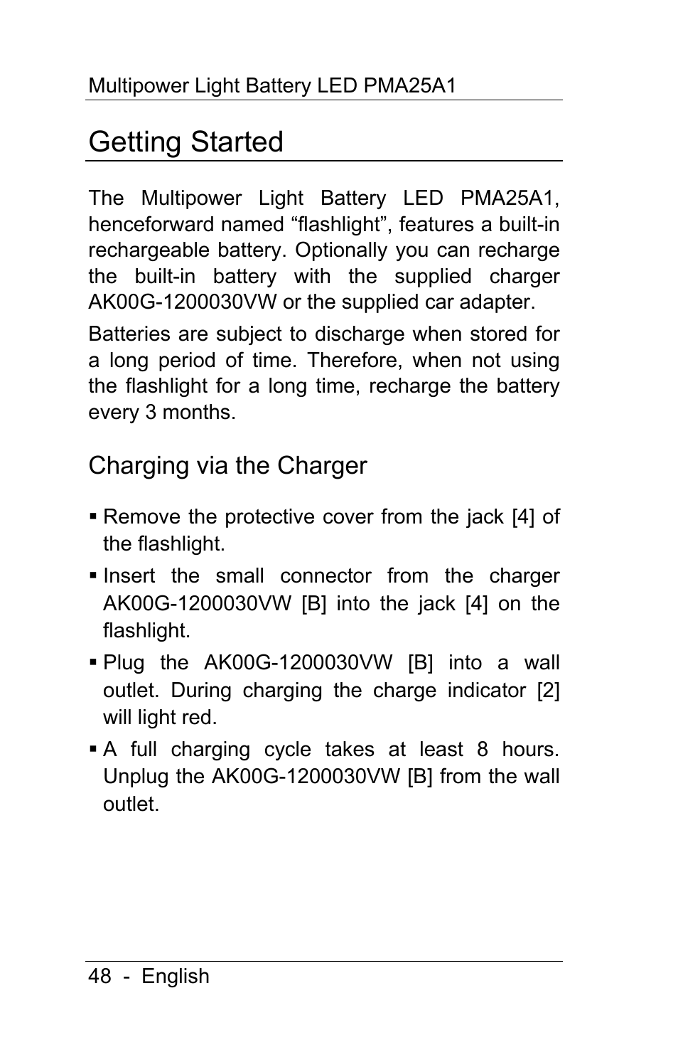 Getting started, Charging via the charger | Powerfix PMA25A1 User Manual | Page 49 / 68