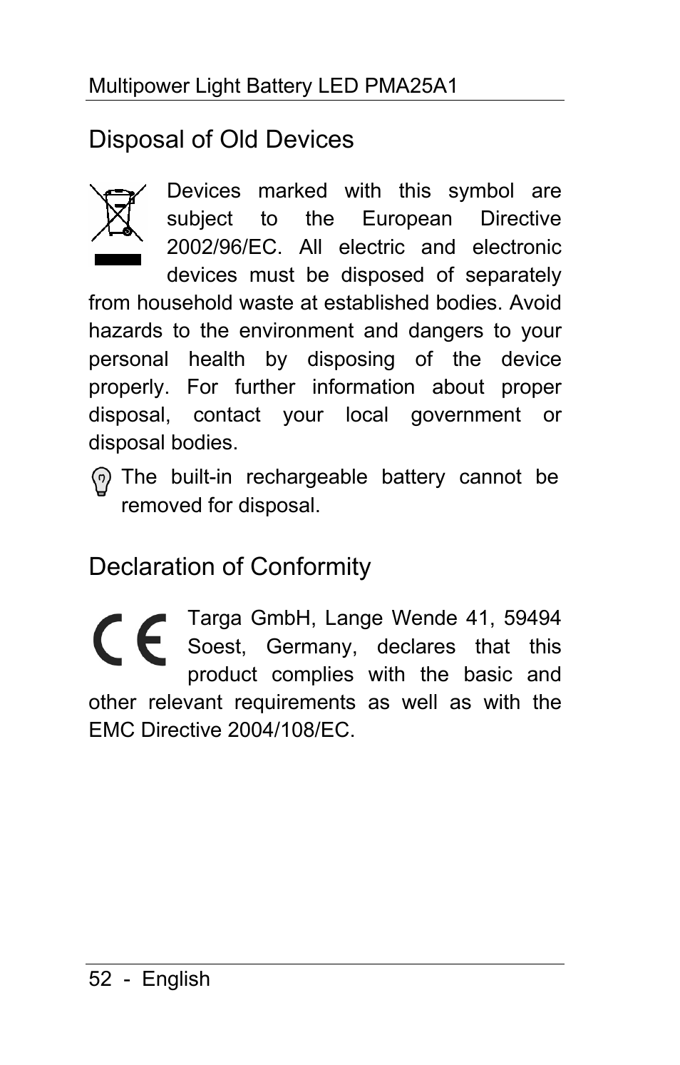 Disposal of old devices, Declaration of conformity | Powerfix PMA25A1 User Manual | Page 53 / 68