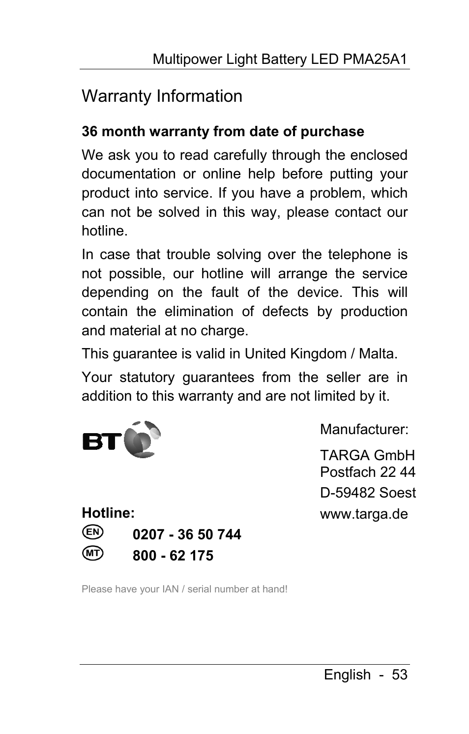 Warranty information | Powerfix PMA25A1 User Manual | Page 54 / 68