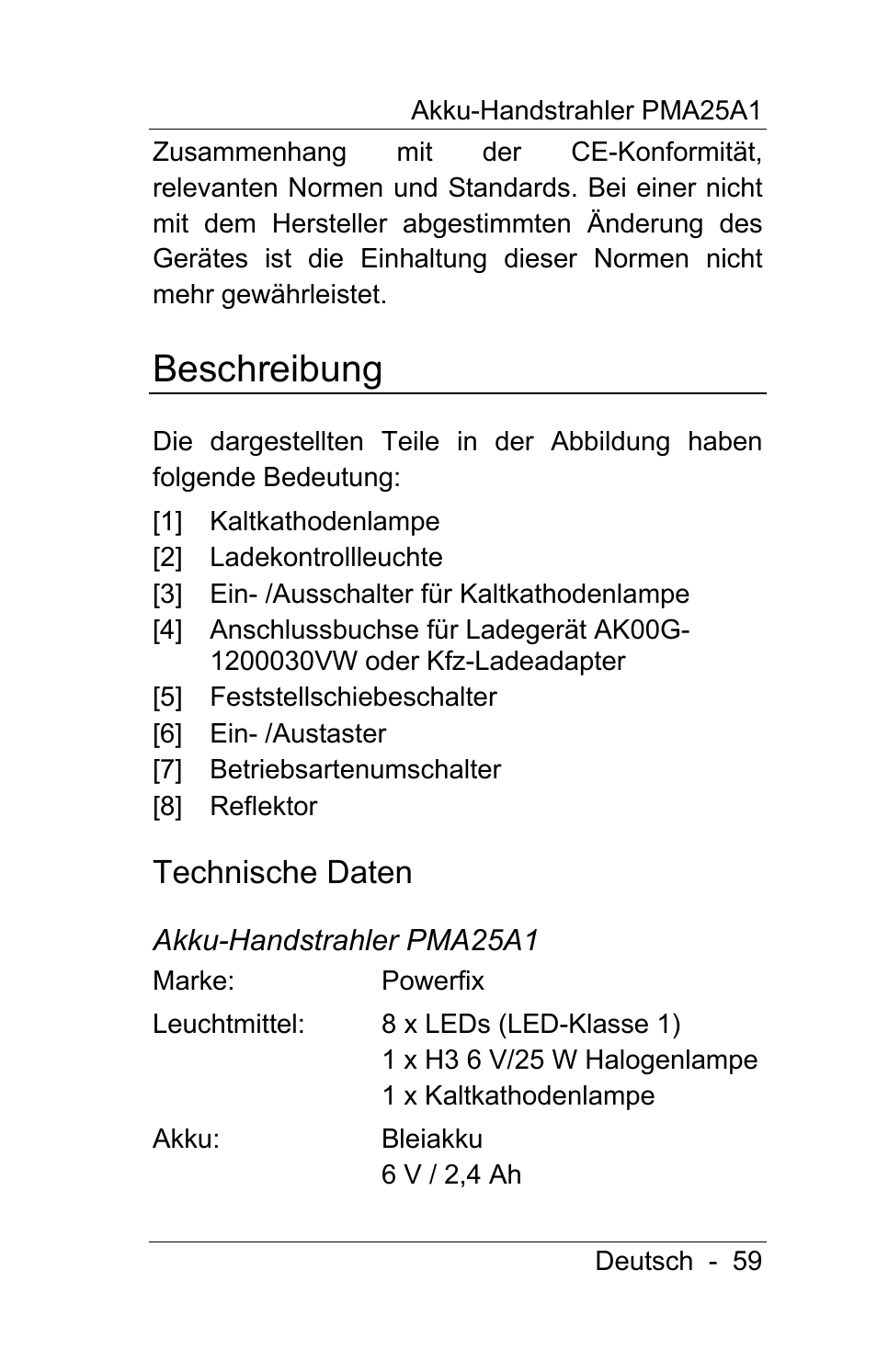 Beschreibung, Technische daten | Powerfix PMA25A1 User Manual | Page 60 / 68