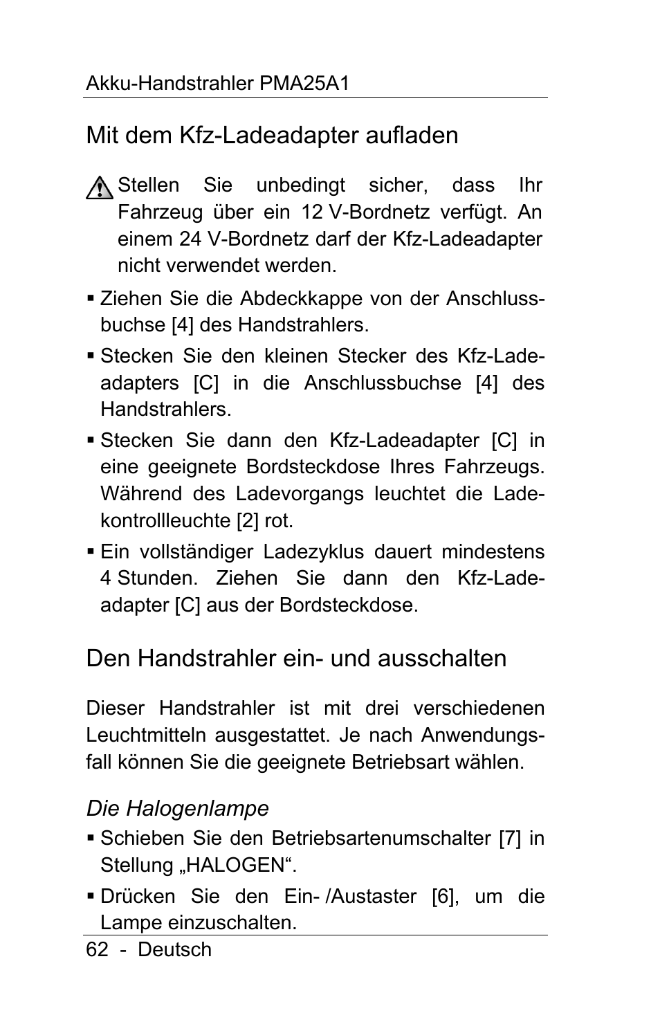 Mit dem kfz-ladeadapter aufladen, Den handstrahler ein- und ausschalten | Powerfix PMA25A1 User Manual | Page 63 / 68