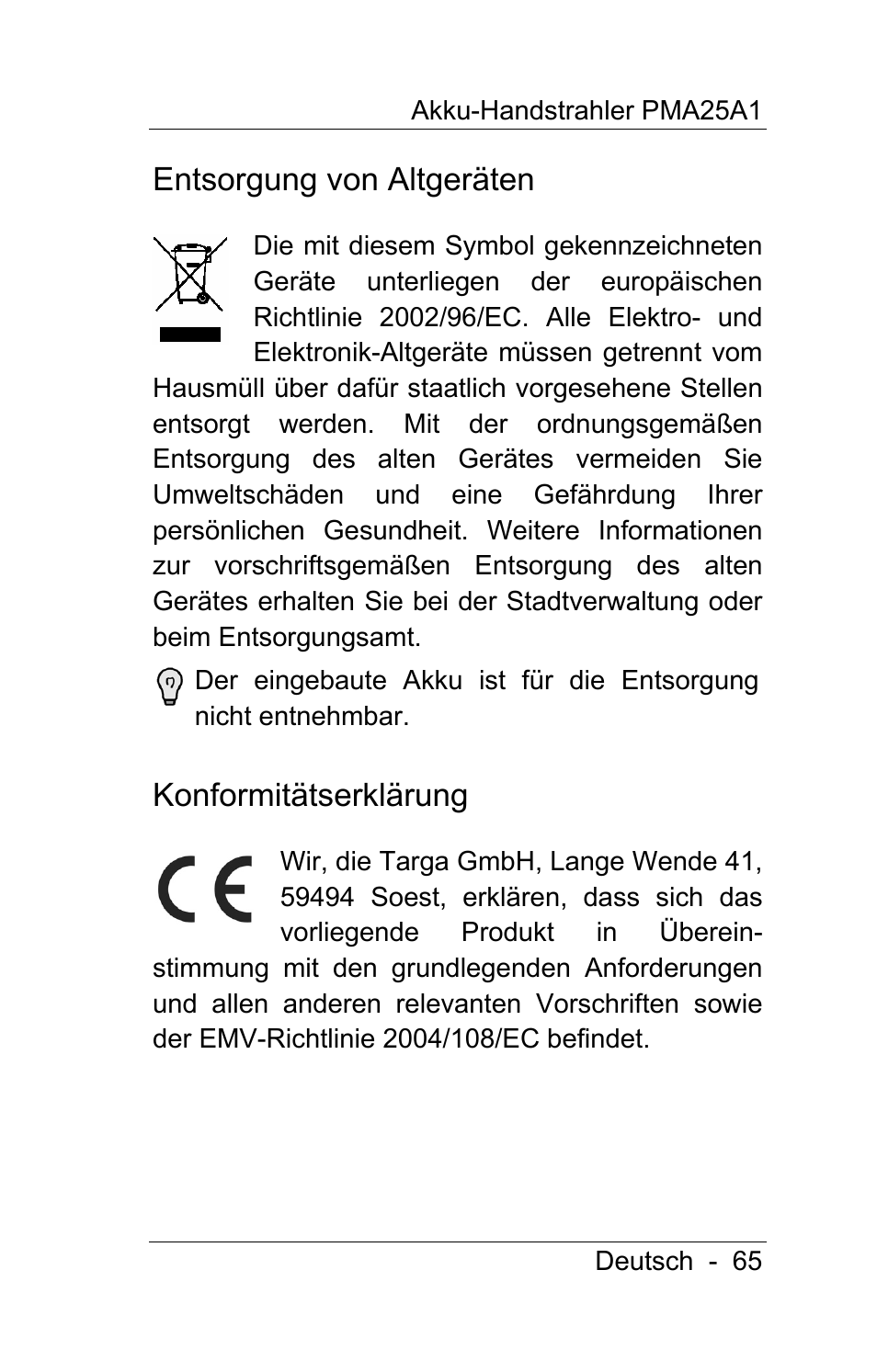 Entsorgung von altgeräten, Konformitätserklärung | Powerfix PMA25A1 User Manual | Page 66 / 68