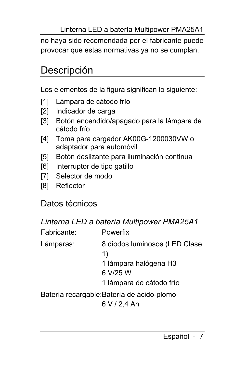 Descripción, Datos técnicos | Powerfix PMA25A1 User Manual | Page 8 / 68