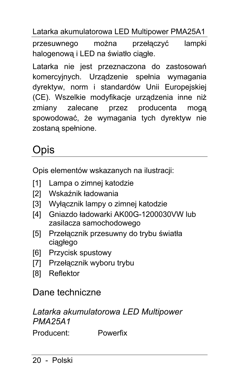 Opis, Dane techniczne | Powerfix PMA25A1 User Manual | Page 21 / 94