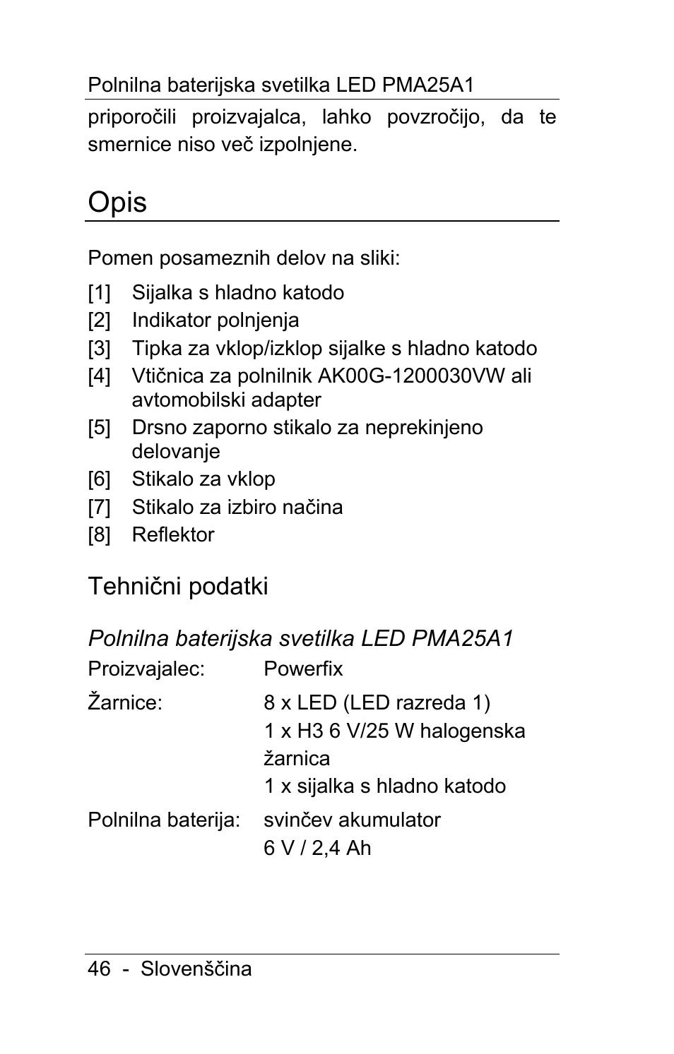 Opis, Tehnični podatki | Powerfix PMA25A1 User Manual | Page 47 / 94