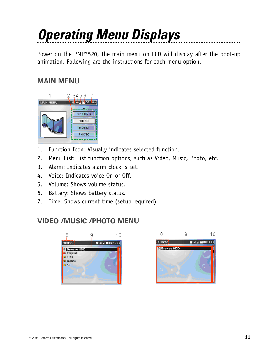 Operating menu displays | Directed Video Portable Media Player User Manual | Page 11 / 70