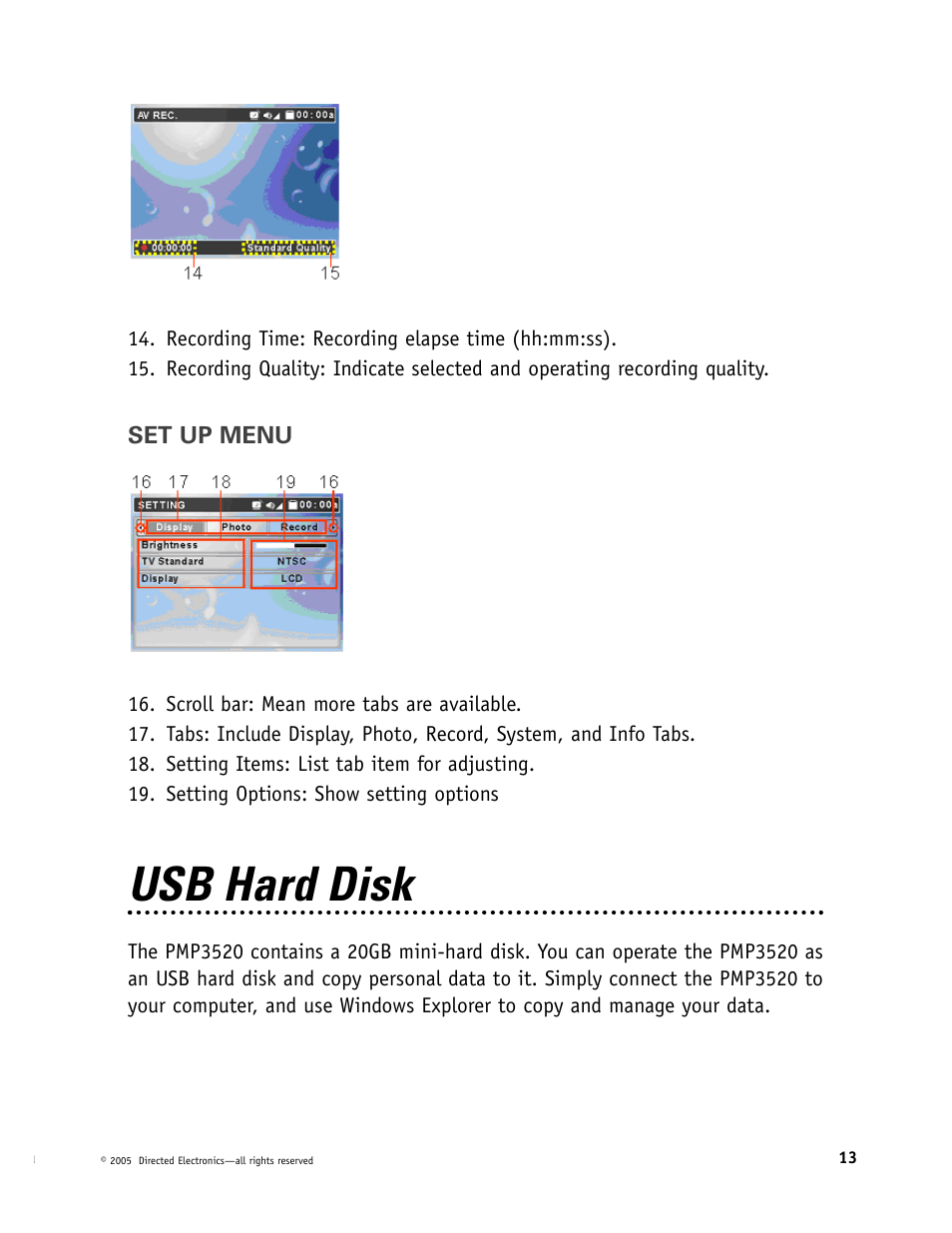 Usb hard disk | Directed Video Portable Media Player User Manual | Page 13 / 70