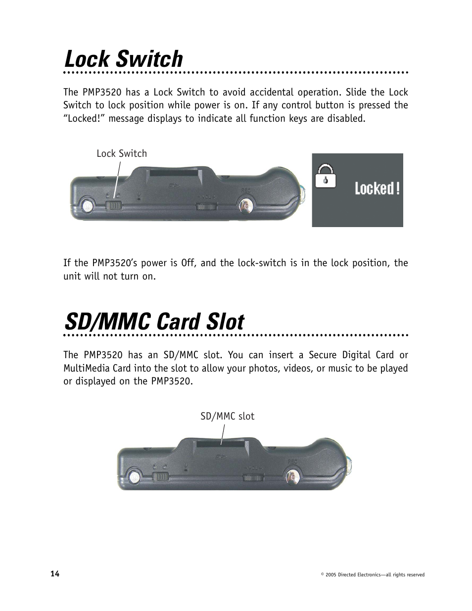 Lock switch, Sd/mmc card slot | Directed Video Portable Media Player User Manual | Page 14 / 70