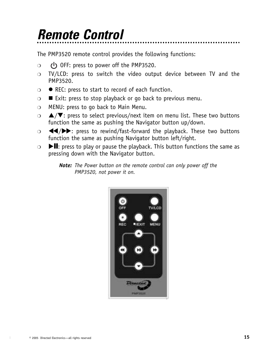 Remote control | Directed Video Portable Media Player User Manual | Page 15 / 70