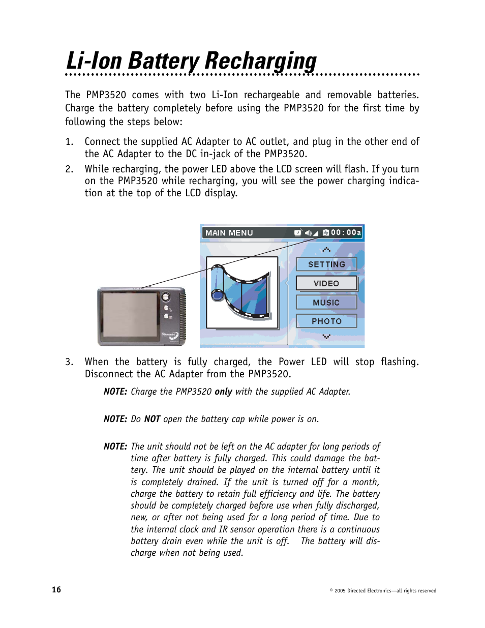 Li-ion battery recharging | Directed Video Portable Media Player User Manual | Page 16 / 70