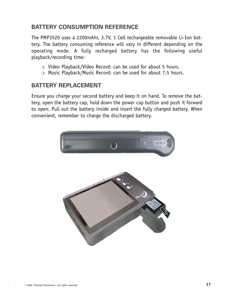 Battery consumption reference, Battery replacement | Directed Video Portable Media Player User Manual | Page 17 / 70