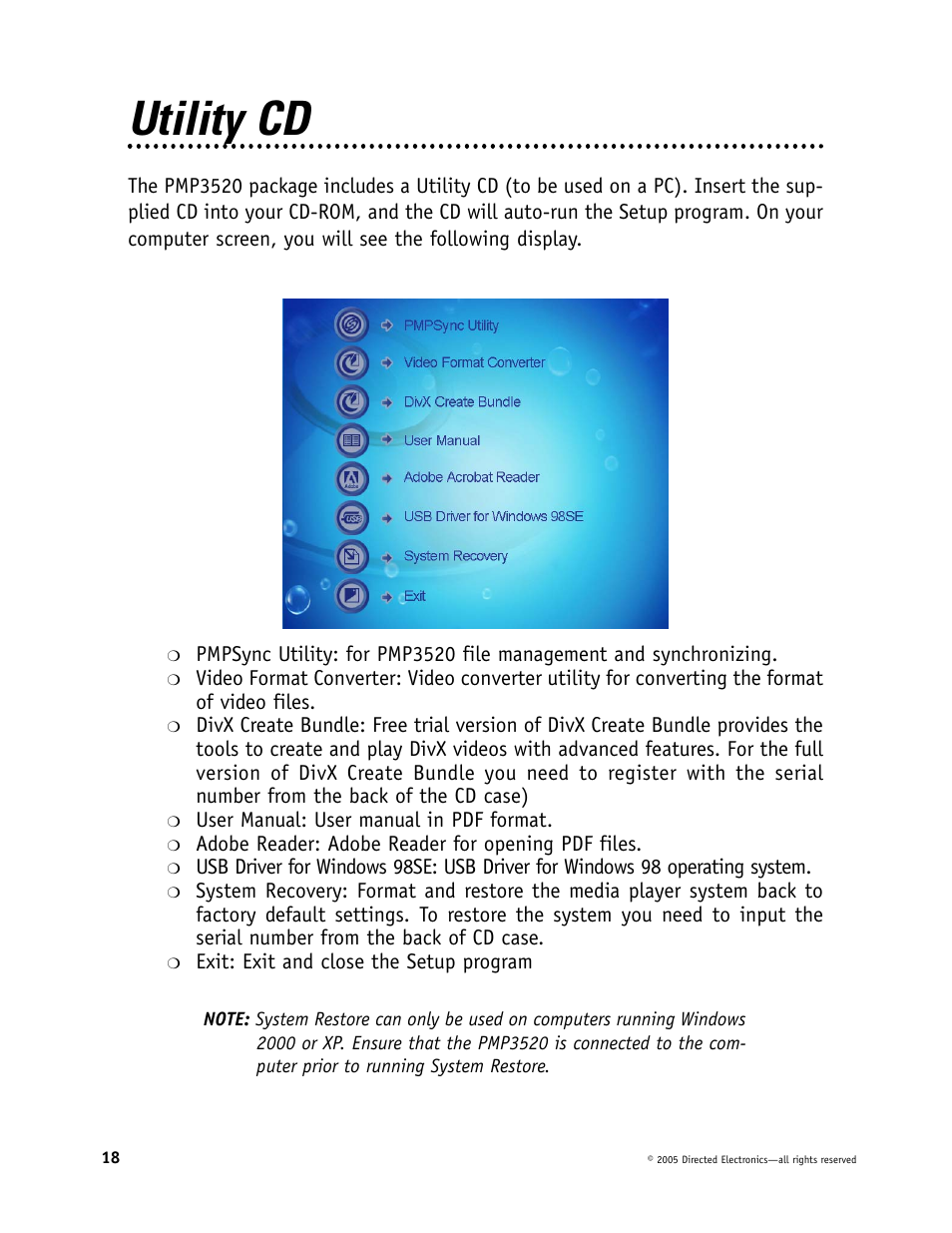Utility cd | Directed Video Portable Media Player User Manual | Page 18 / 70
