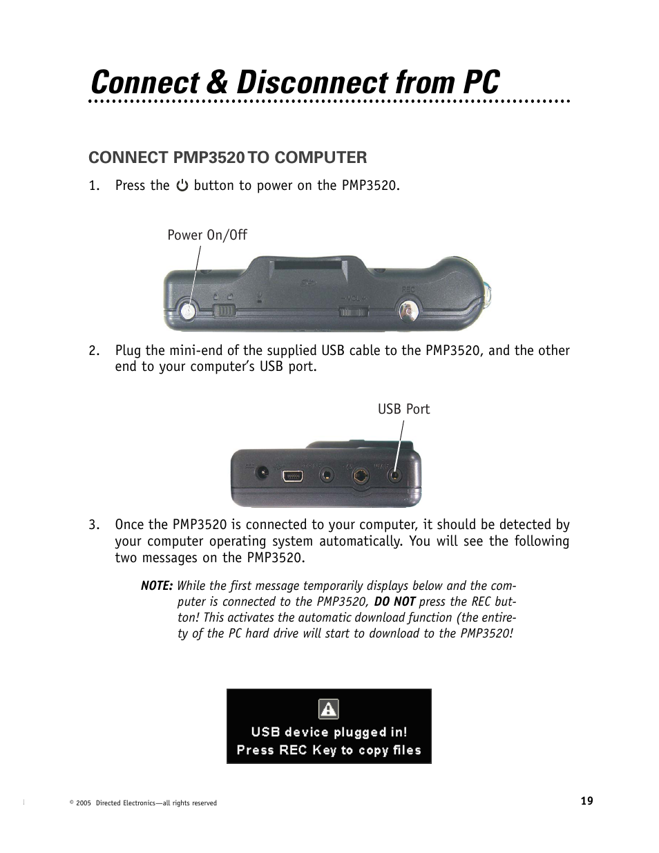 Connect & disconnect from pc | Directed Video Portable Media Player User Manual | Page 19 / 70
