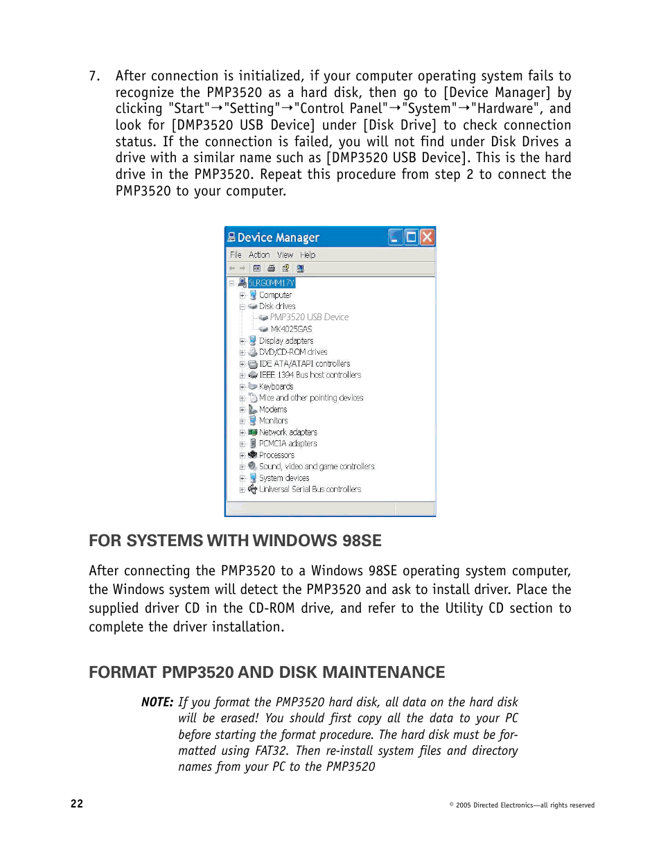 For systems with windows 98se, Format pmp3520 and disk maintenance | Directed Video Portable Media Player User Manual | Page 22 / 70