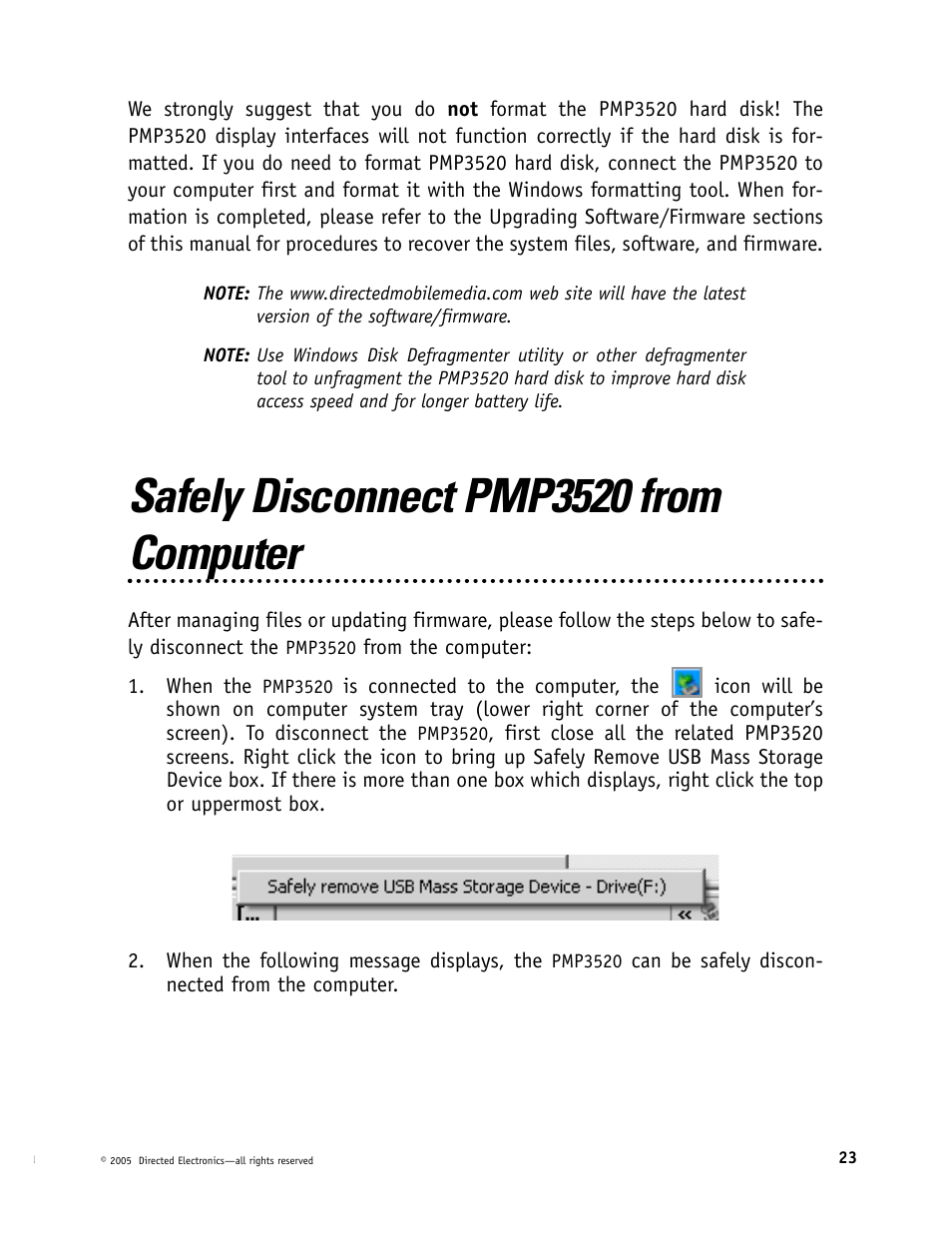 Safely disconnect pmp3520 from computer | Directed Video Portable Media Player User Manual | Page 23 / 70