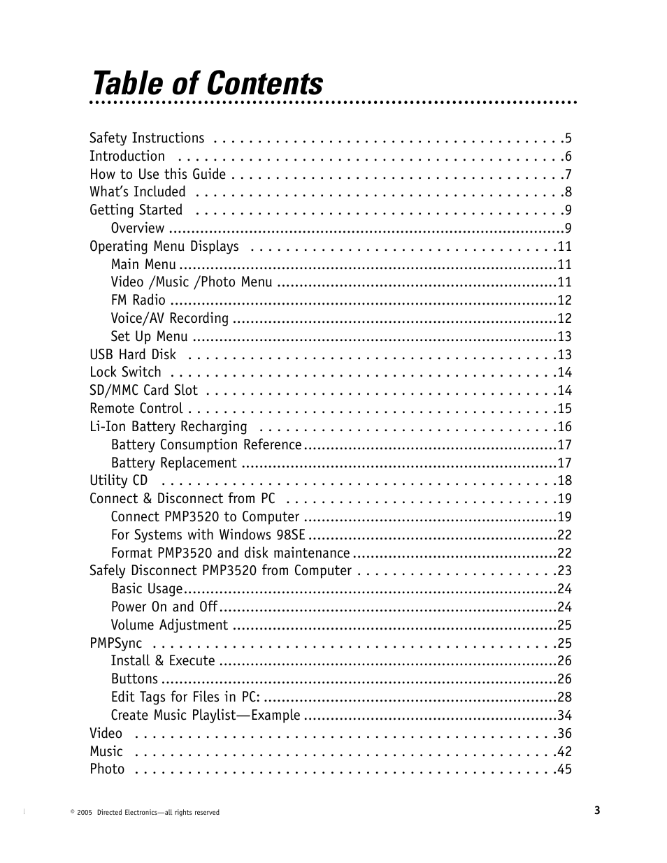 Directed Video Portable Media Player User Manual | Page 3 / 70