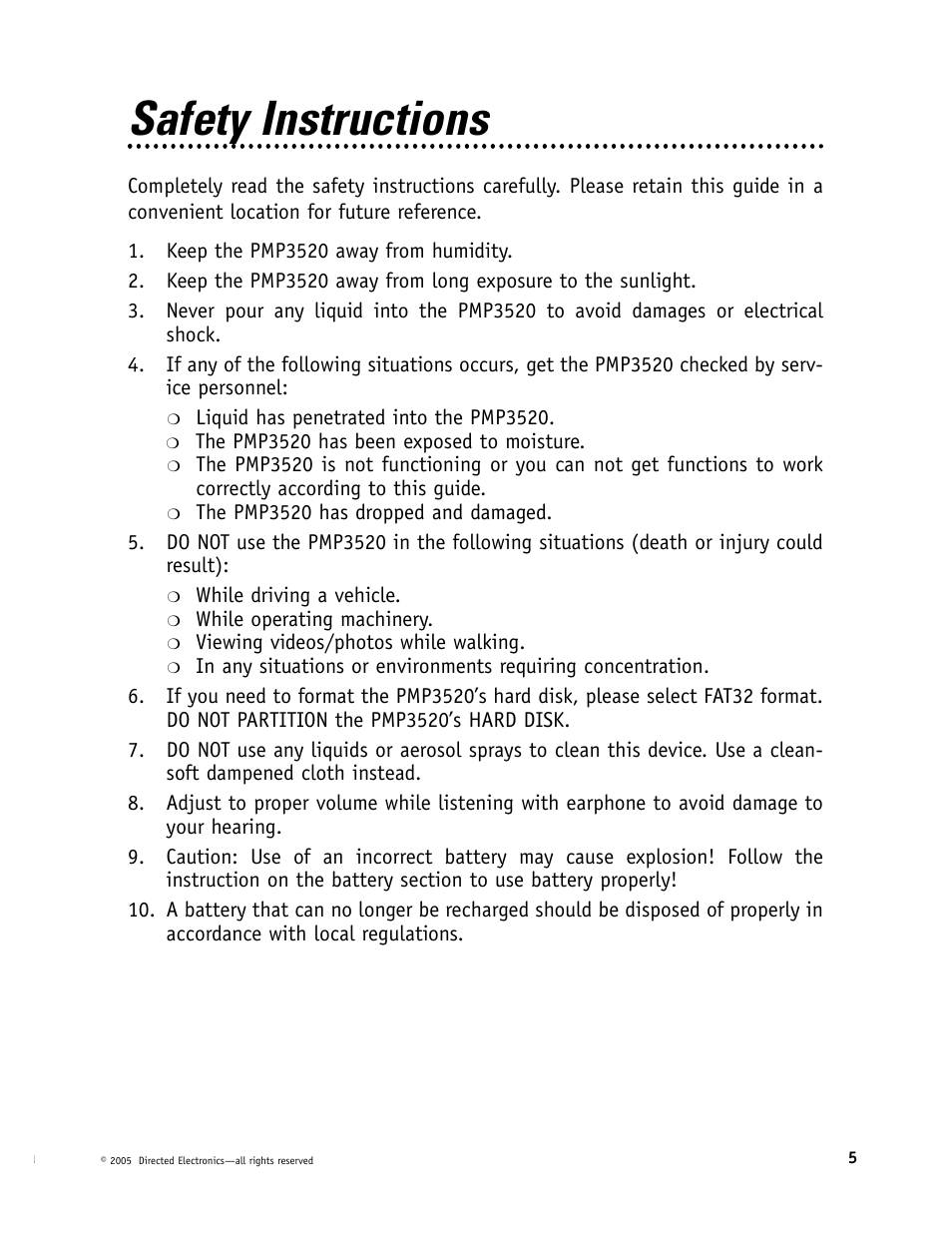 Safety instructions | Directed Video Portable Media Player User Manual | Page 5 / 70