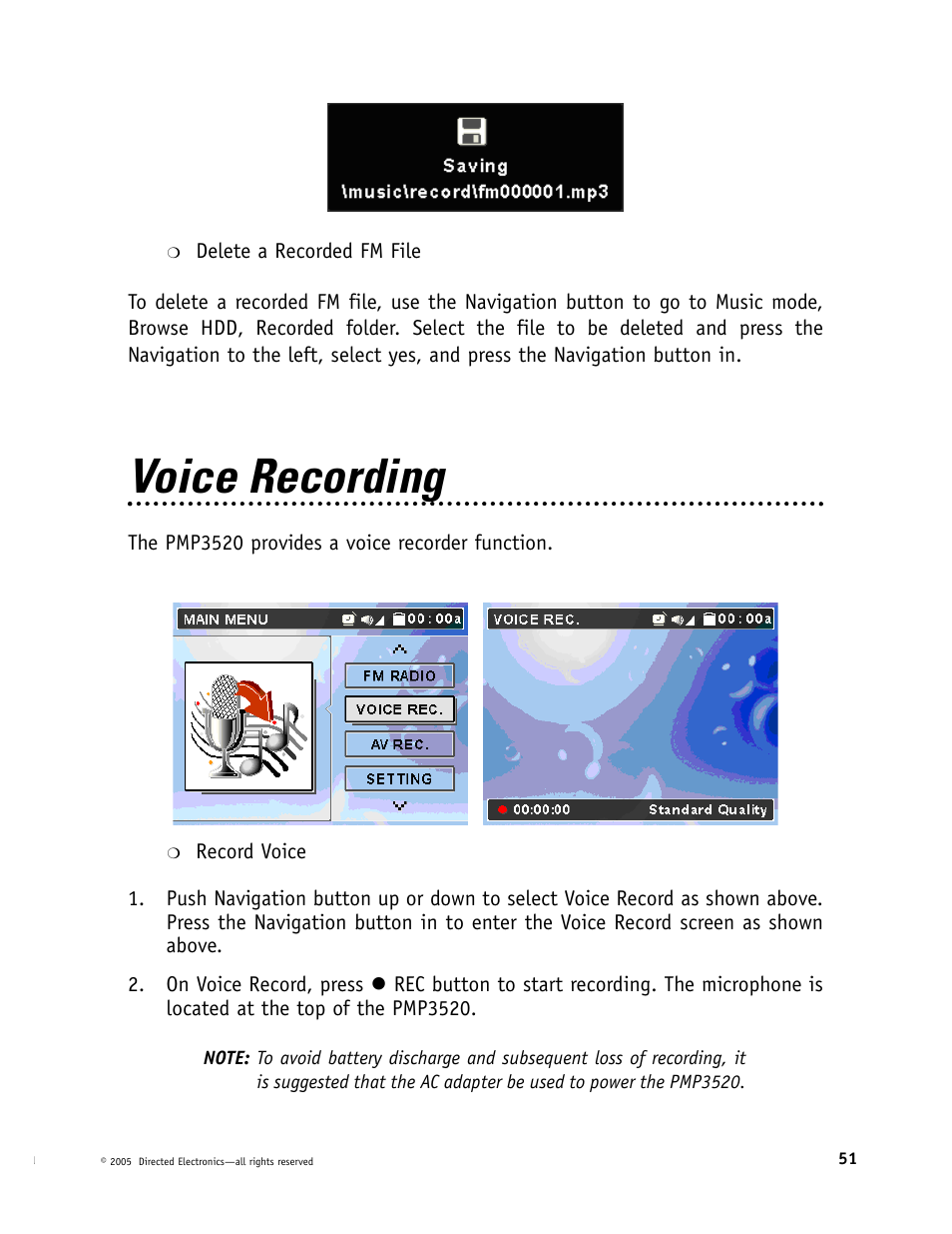 Voice recording | Directed Video Portable Media Player User Manual | Page 51 / 70