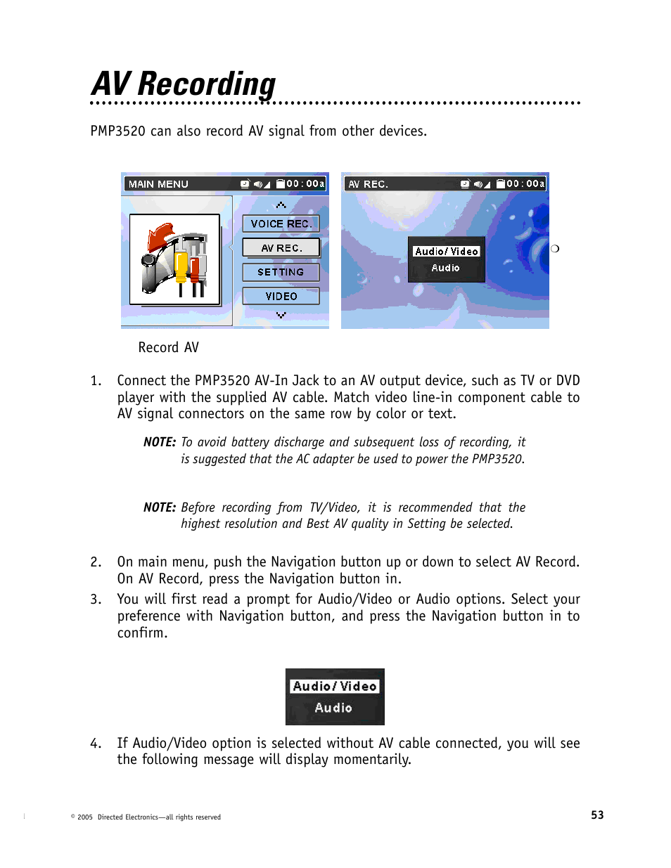 Av recording | Directed Video Portable Media Player User Manual | Page 53 / 70