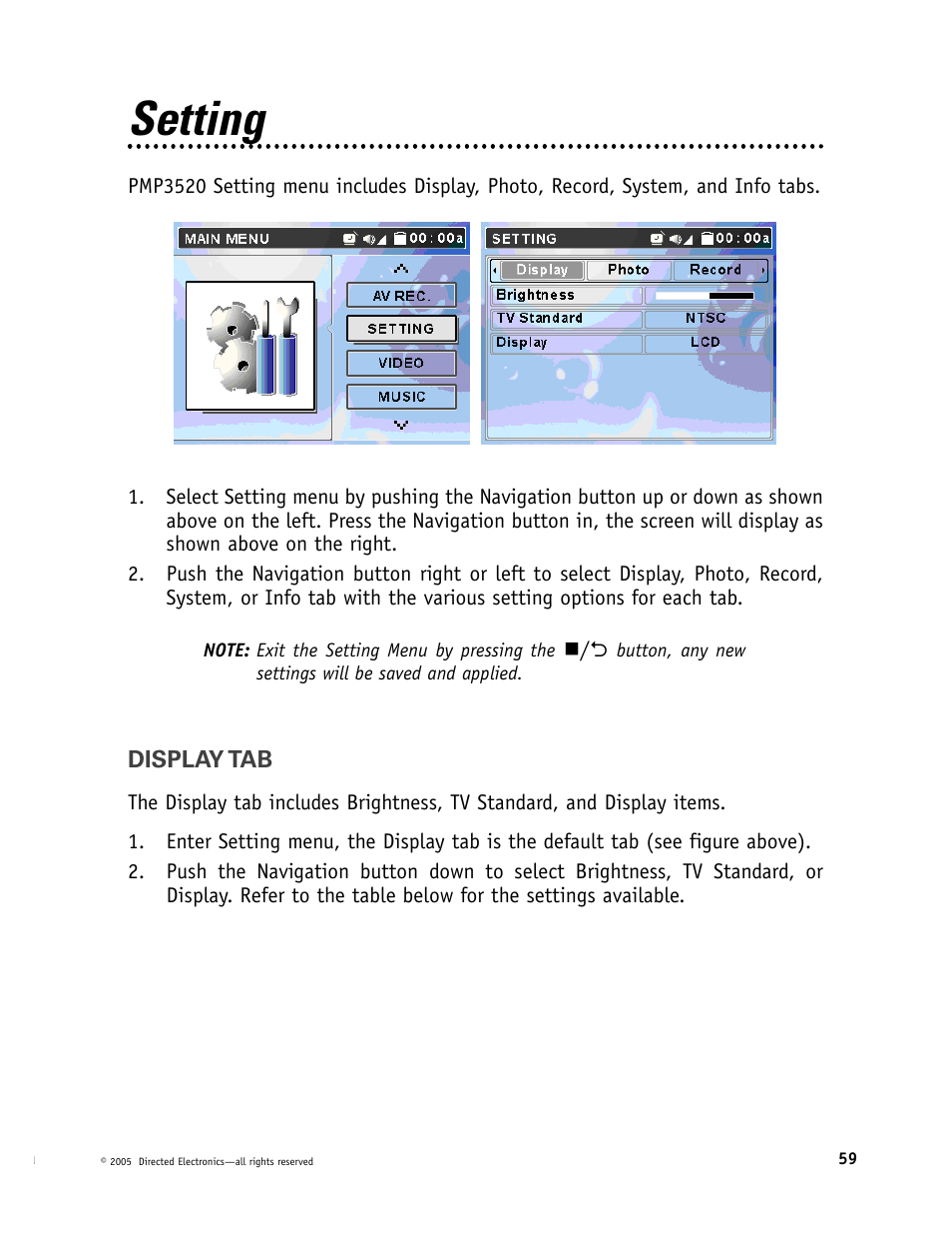 Setting | Directed Video Portable Media Player User Manual | Page 59 / 70