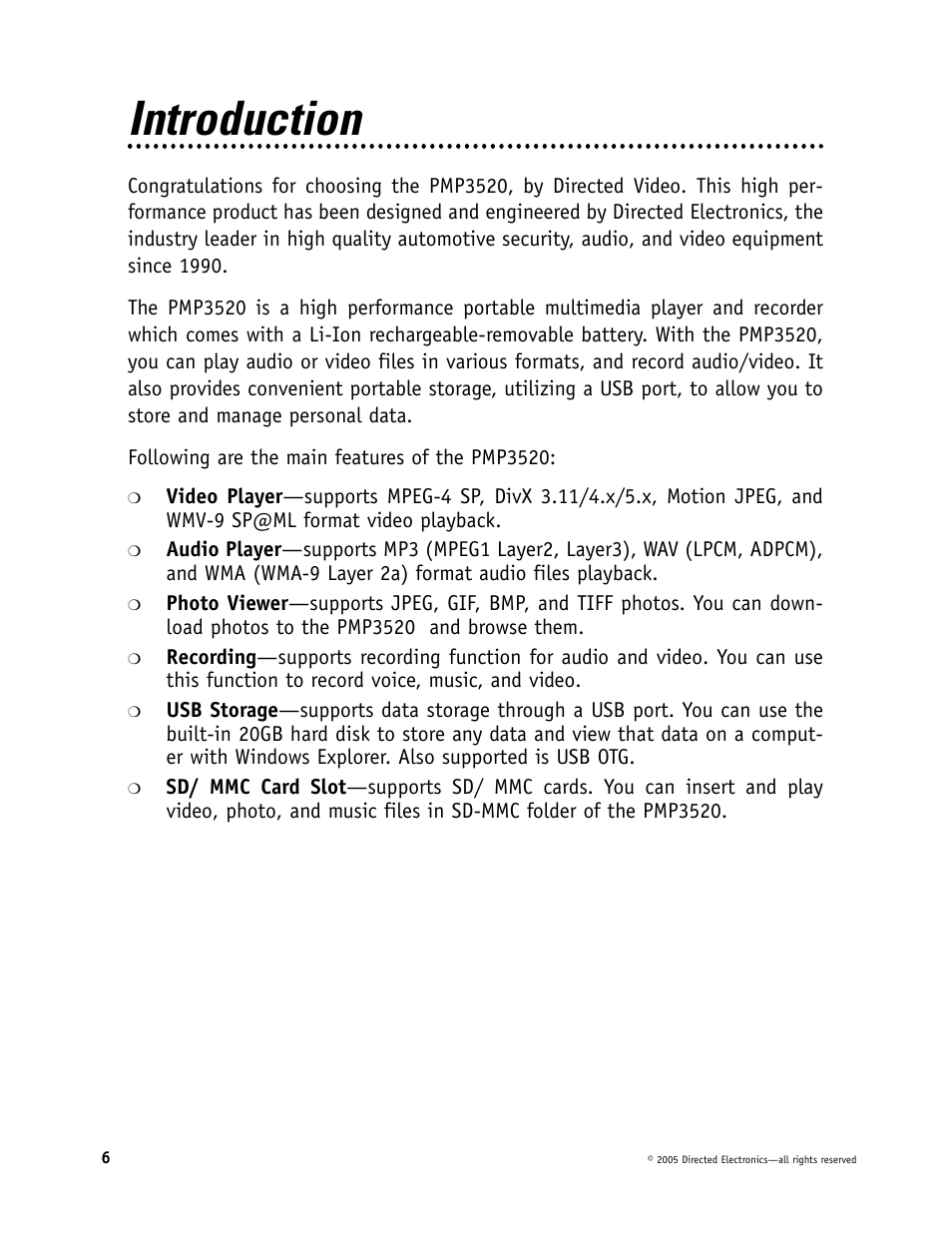 Introduction | Directed Video Portable Media Player User Manual | Page 6 / 70