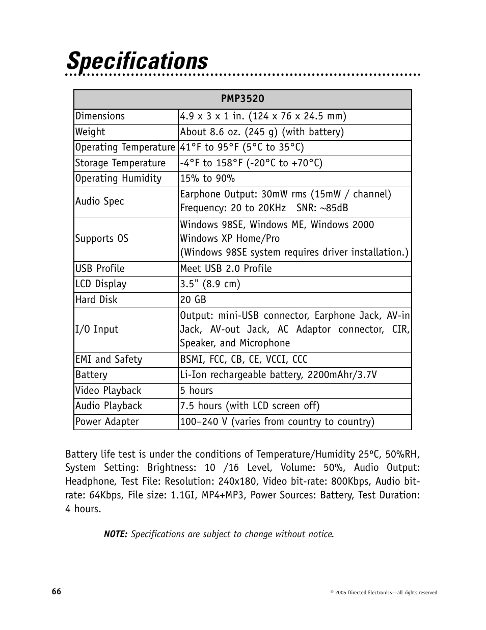 Specifications | Directed Video Portable Media Player User Manual | Page 66 / 70