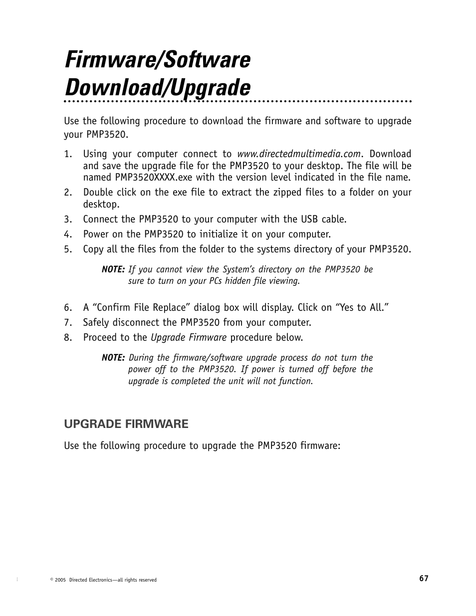 Firmware/software download/upgrade | Directed Video Portable Media Player User Manual | Page 67 / 70
