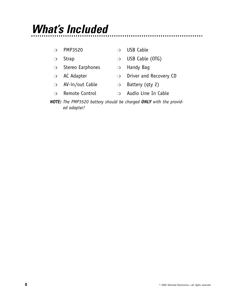 What’s included | Directed Video Portable Media Player User Manual | Page 8 / 70