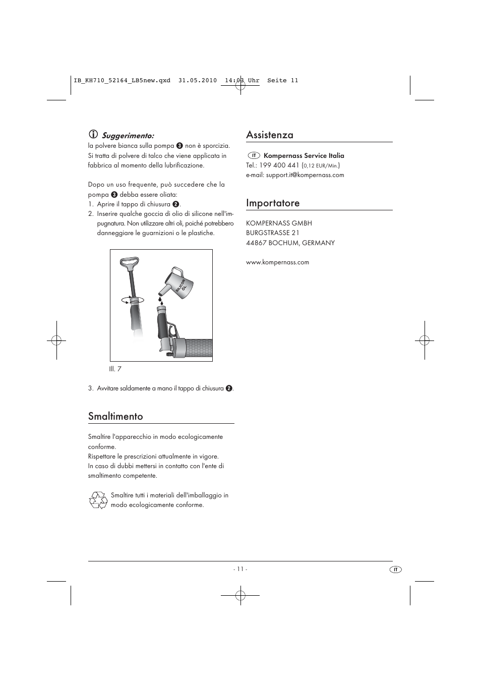 Smaltimento, Assistenza, Importatore | Suggerimento | Powerfix KH 710 User Manual | Page 13 / 31