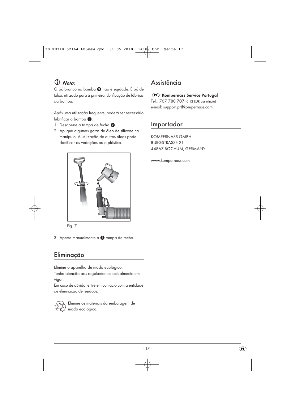 Eliminação, Assistência, Importador | Nota | Powerfix KH 710 User Manual | Page 19 / 31