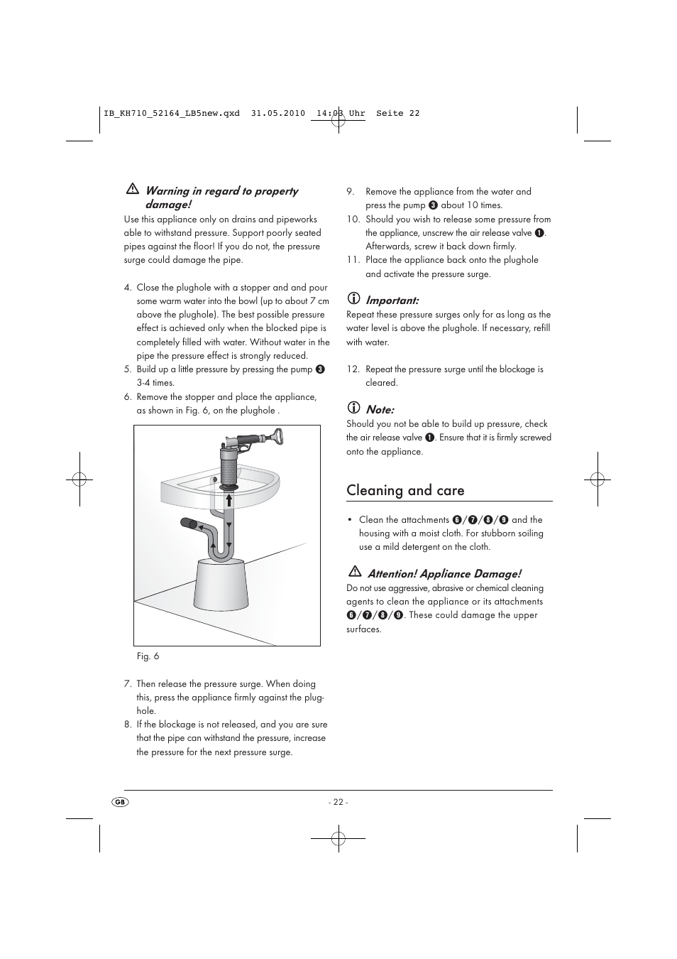 Cleaning and care, Warning in regard to property damage, Important | Attention! appliance damage | Powerfix KH 710 User Manual | Page 24 / 31