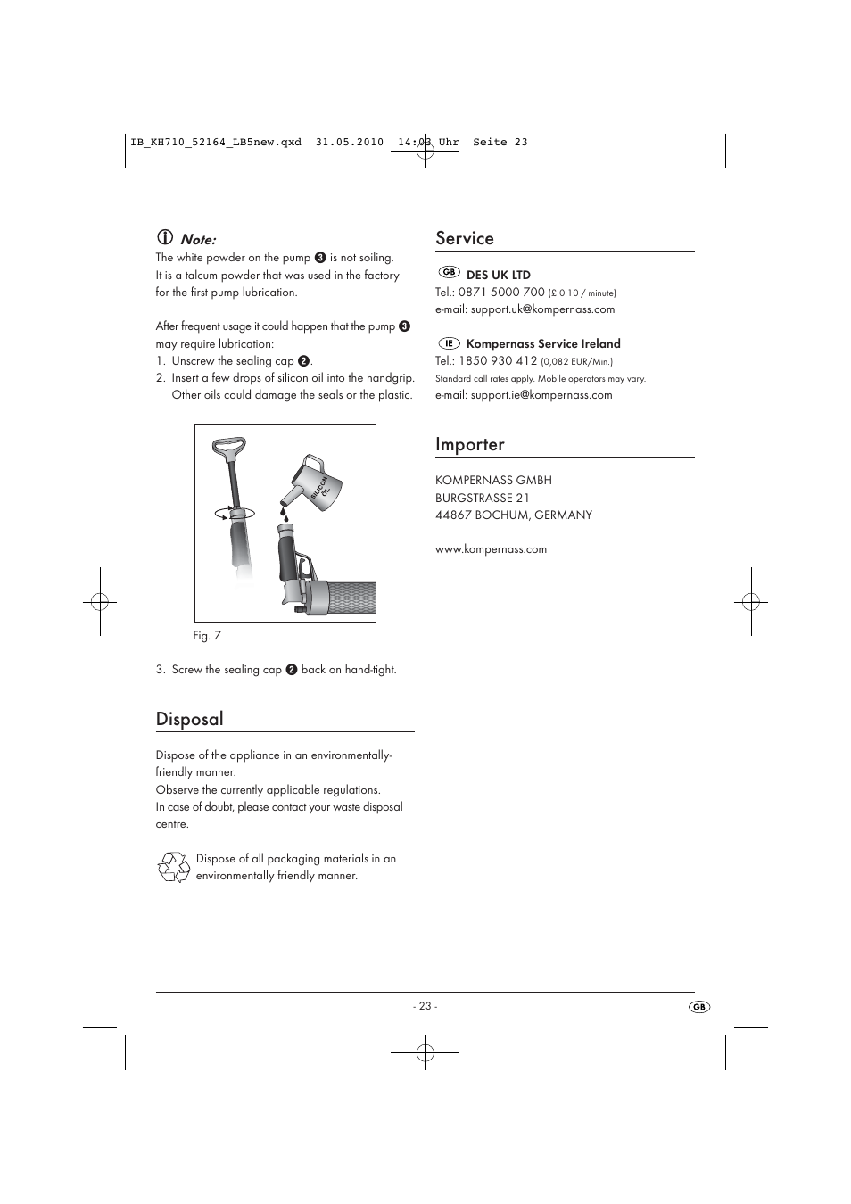 Disposal, Service, Importer | Powerfix KH 710 User Manual | Page 25 / 31