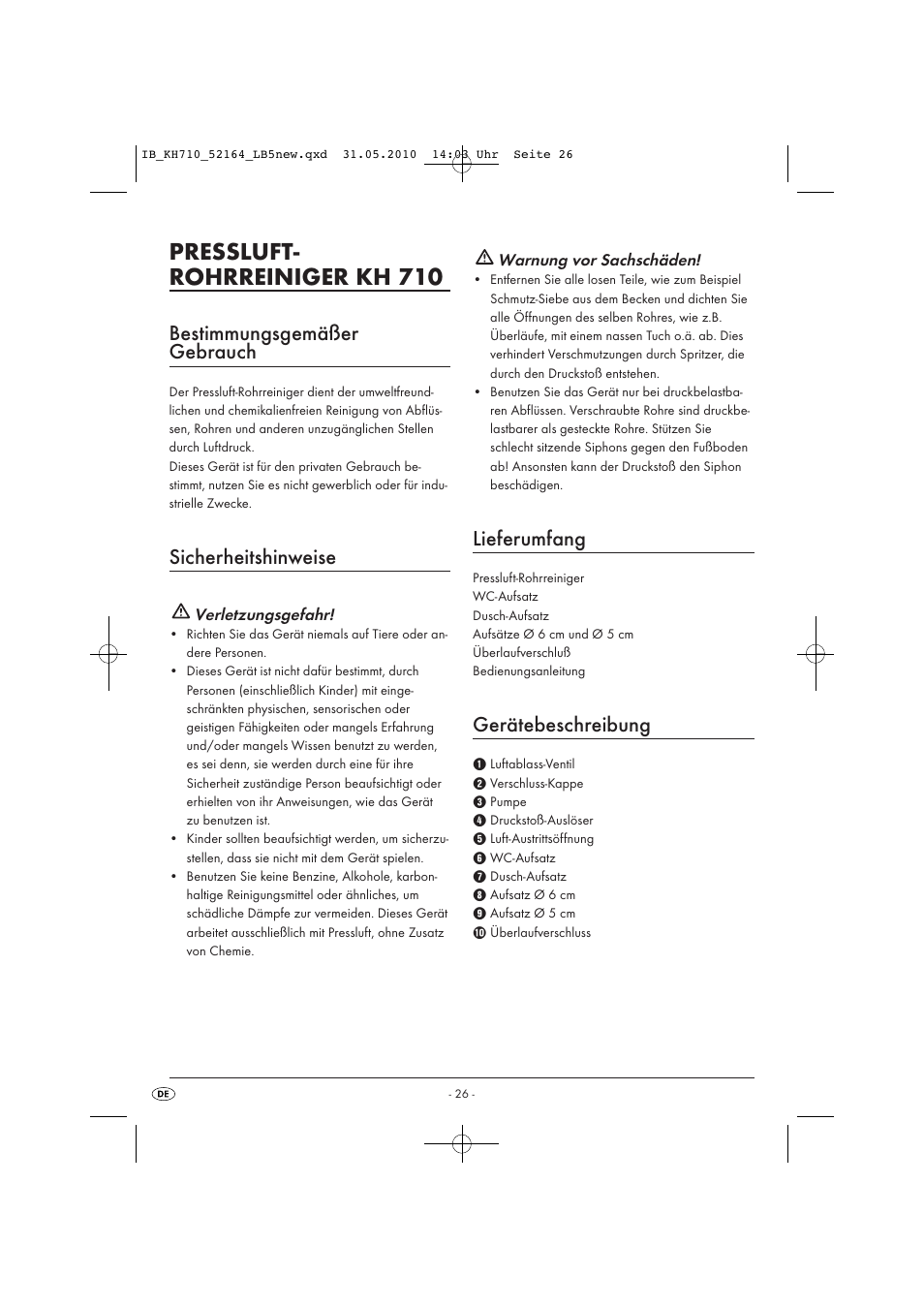 Pressluft- rohrreiniger kh 710, Bestimmungsgemäßer gebrauch, Sicherheitshinweise | Lieferumfang, Gerätebeschreibung | Powerfix KH 710 User Manual | Page 28 / 31