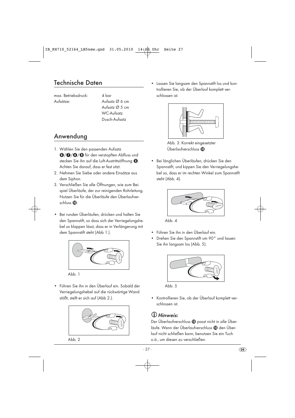 Technische daten, Anwendung, Hinweis | Powerfix KH 710 User Manual | Page 29 / 31